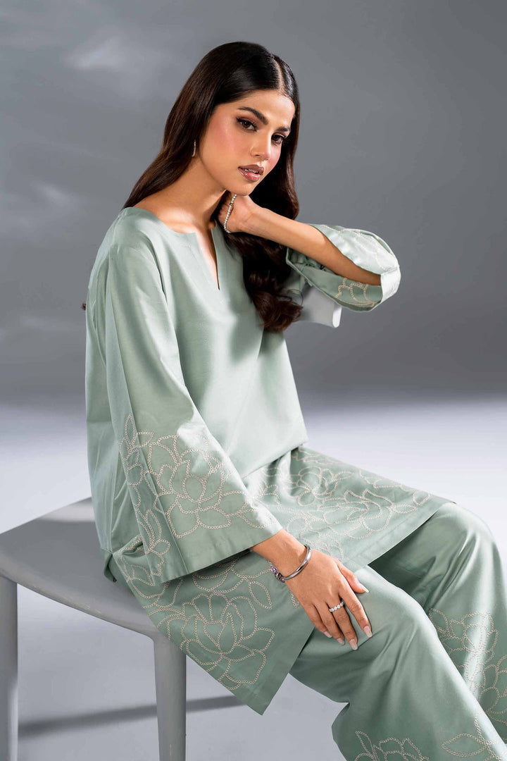 2 Piece Aqua Sateen Embroidered Suit