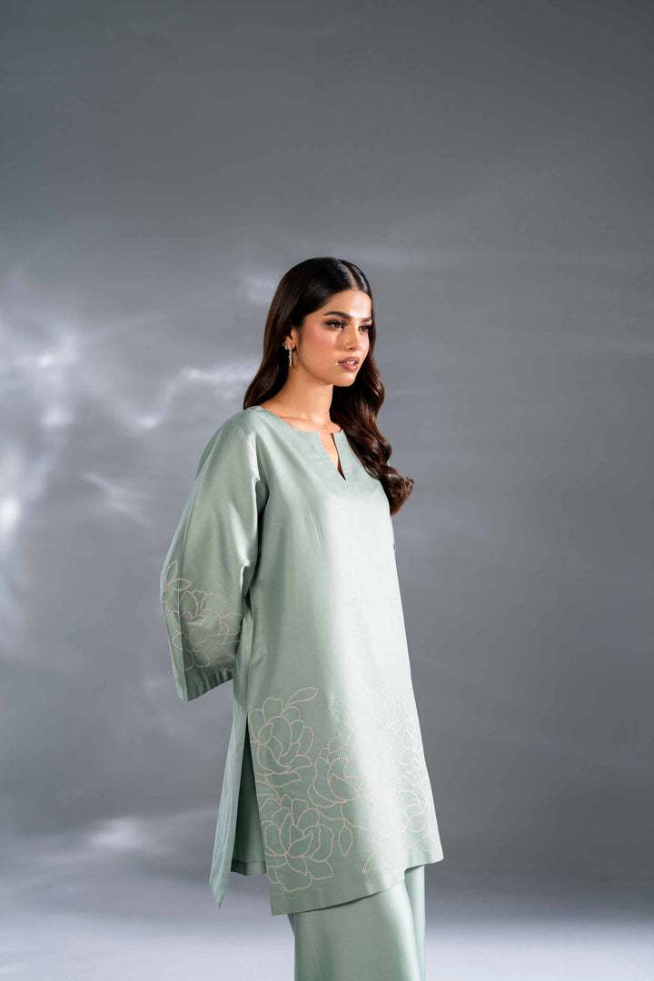 2 Piece Aqua Sateen Embroidered Suit