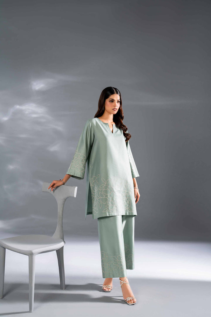 2 Piece Aqua Sateen Embroidered Suit