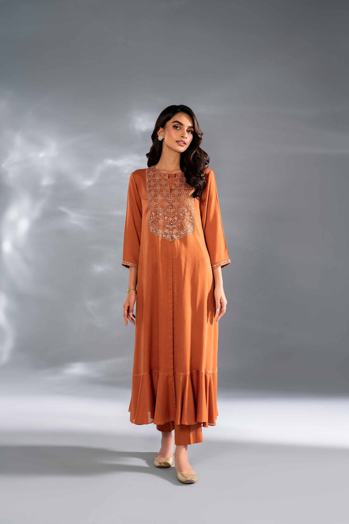 2 Piece Rust Linen Embroidered Suit