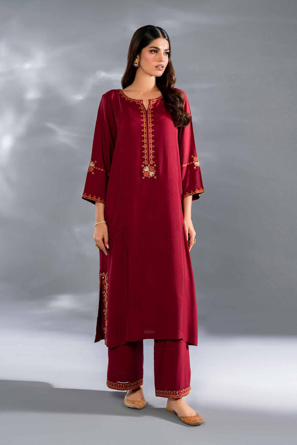 2 Piece Maroon Linen Printed Embroidered Suit