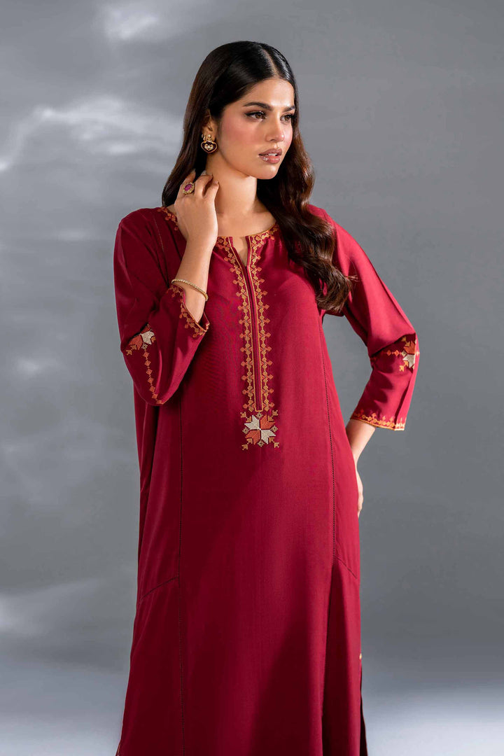 2 Piece Maroon Linen Printed Embroidered Suit