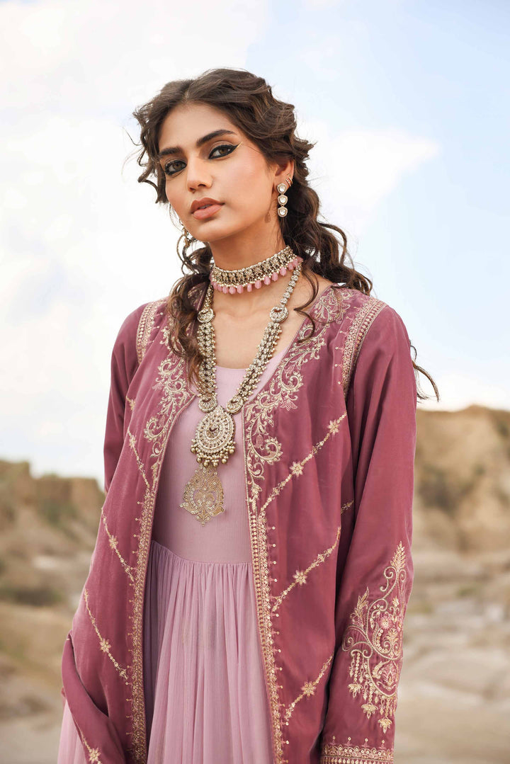 2 Piece Velvet & Chiffon Lilac Embroidered Winter Suit