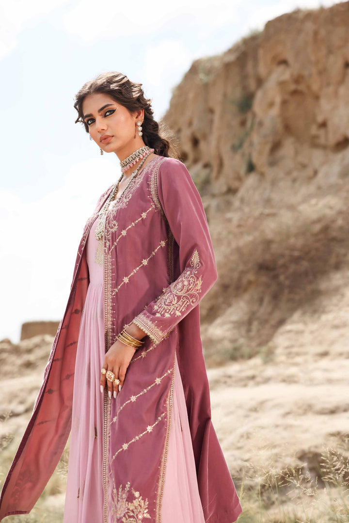 2 Piece Velvet & Chiffon Lilac Embroidered Winter Suit