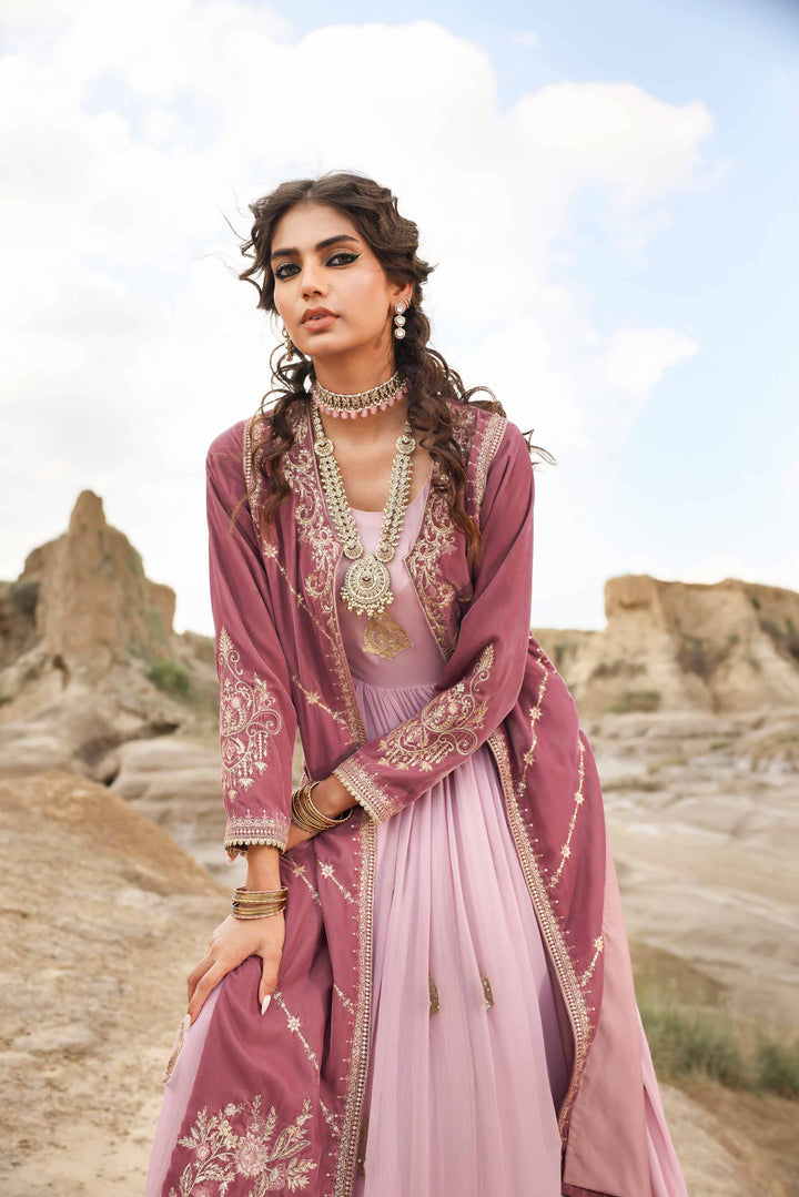 2 Piece Velvet & Chiffon Lilac Embroidered Winter Suit