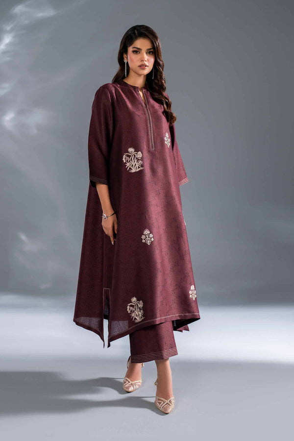 2 Piece Brown Embroidered Self Jacquard Suit