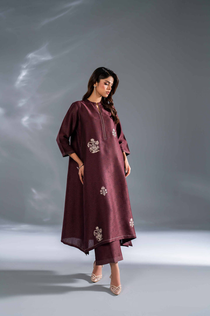 2 Piece Brown Embroidered Self Jacquard Suit