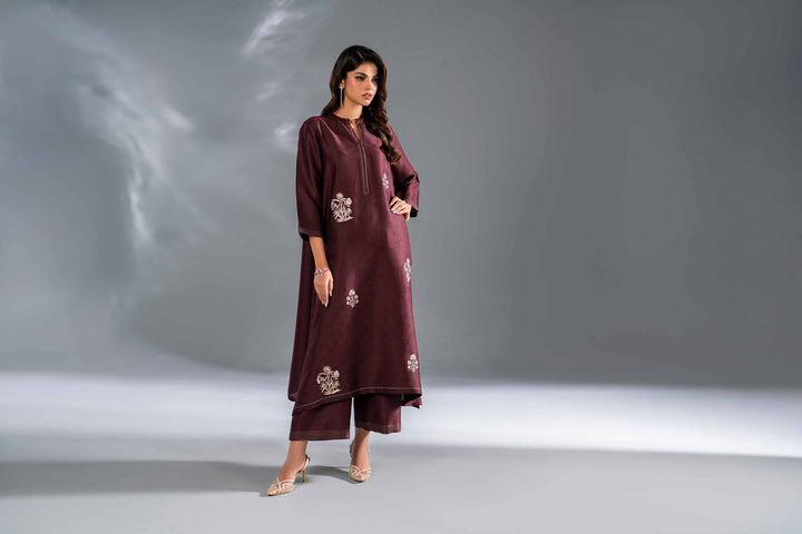 2 Piece Brown Embroidered Self Jacquard Suit