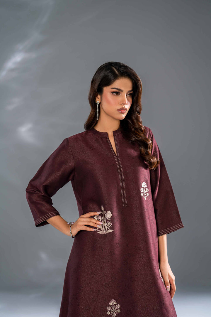 2 Piece Brown Embroidered Self Jacquard Suit