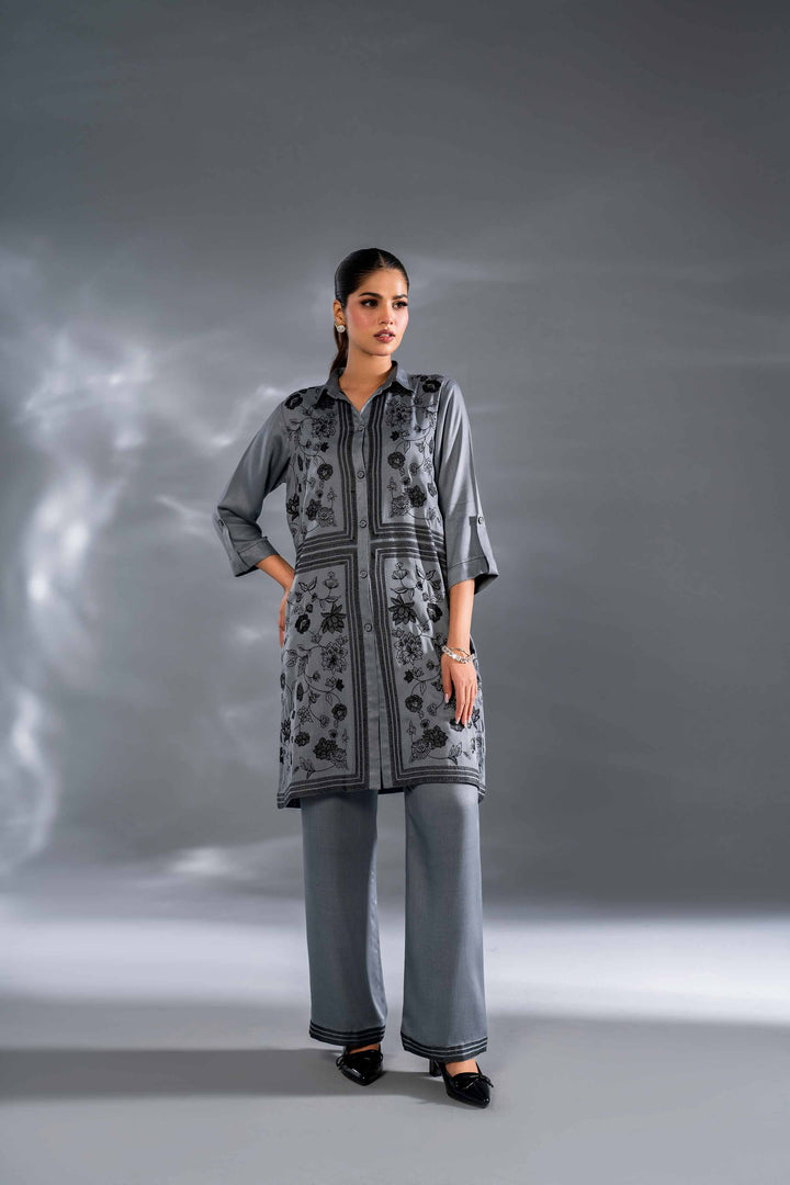 2 Piece Grey Cotail Embroidered Suit