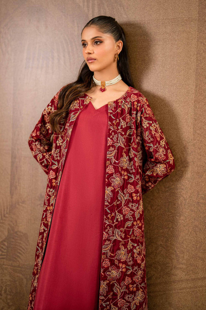 3 Piece Red Velvet & Chiffon Embroidered Suit