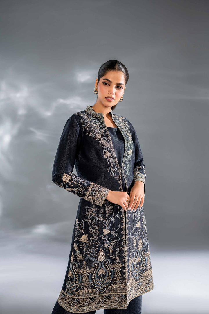 3 Piece Self Jacquard Navy Embroidered Suit