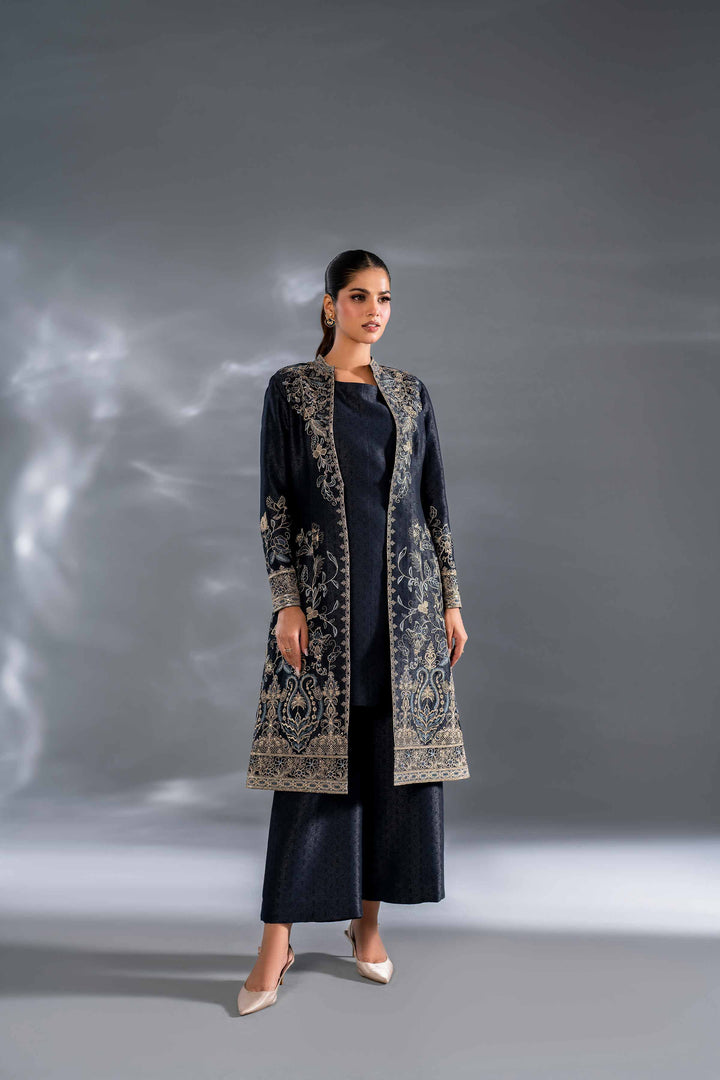 3 Piece Self Jacquard Navy Embroidered Suit