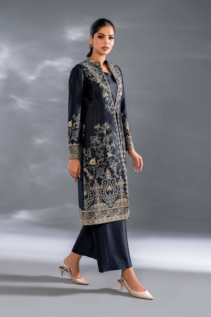 3 Piece Self Jacquard Navy Embroidered Suit