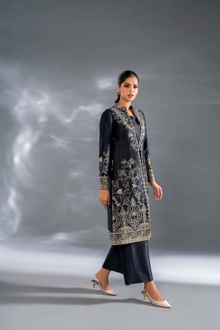 3 Piece Self Jacquard Navy Embroidered Suit