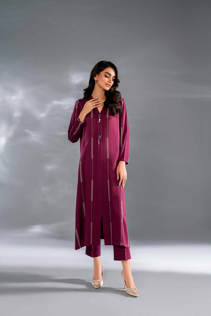 2 Piece Wine Cotail Embroidered Suit