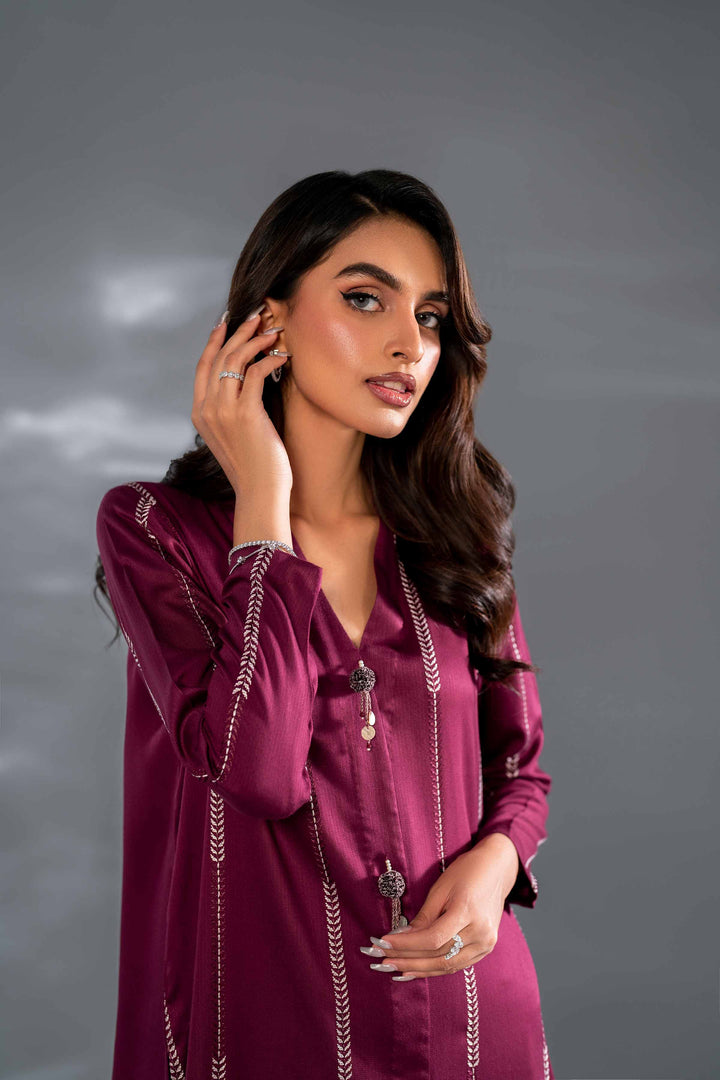 2 Piece Wine Cotail Embroidered Suit