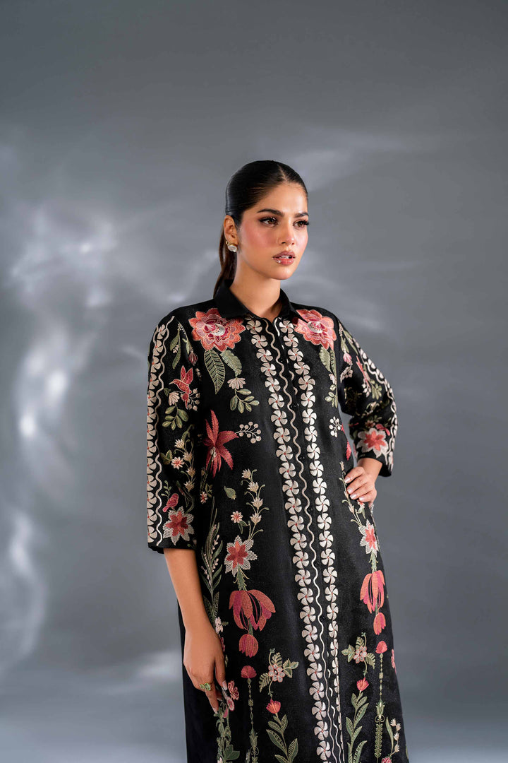 2 Piece Black Self Jacquard Embroidered Suit