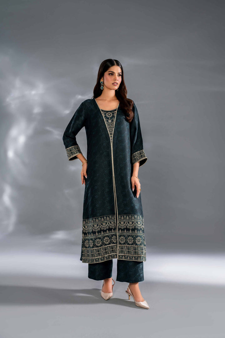 2 Piece Green Self Jacquard Embroidered Suit