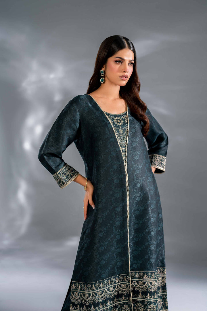 2 Piece Green Self Jacquard Embroidered Suit