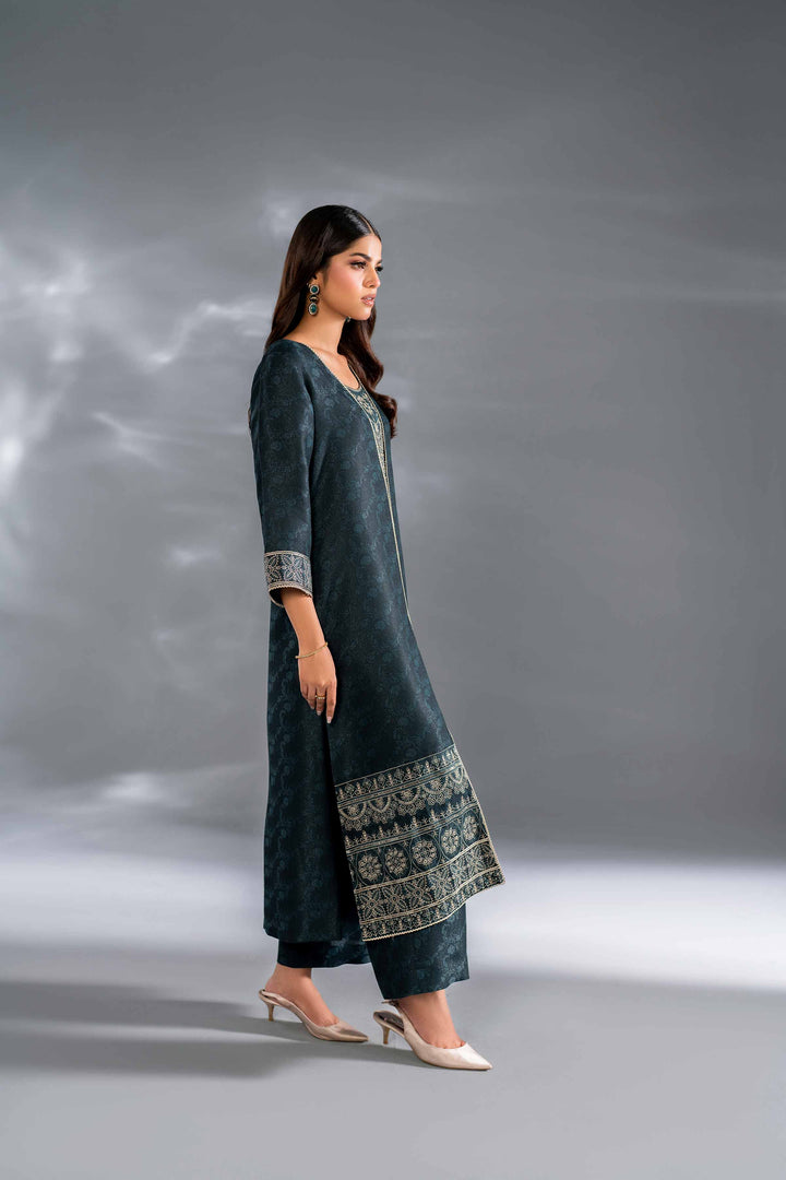 2 Piece Green Self Jacquard Embroidered Suit