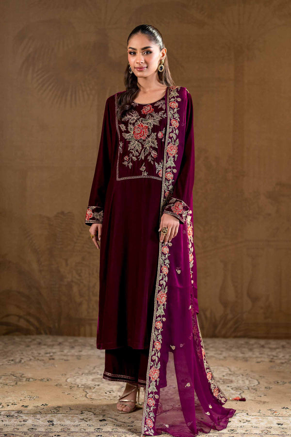 3 Piece Velvet & Bemberg Chiffon Plum Embroidered Winter Suit