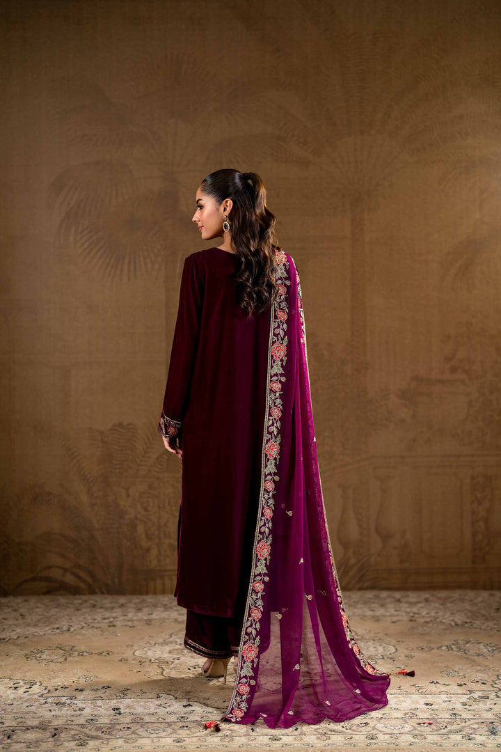 3 Piece Velvet & Bemberg Chiffon Plum Embroidered Winter Suit