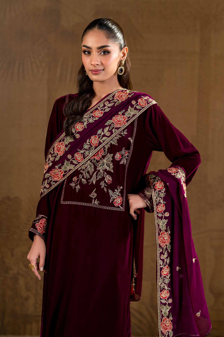 3 Piece Velvet & Bemberg Chiffon Plum Embroidered Winter Suit