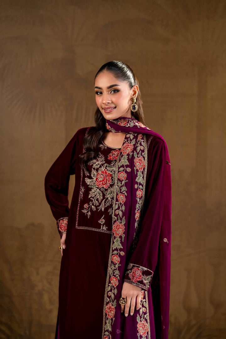 3 Piece Velvet & Bemberg Chiffon Plum Embroidered Winter Suit