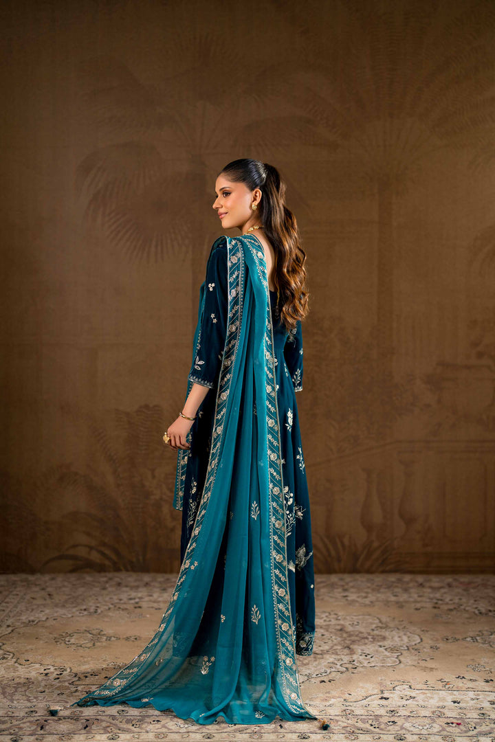 2 Piece Bemberg Chiffon & Velvet Embroidered Sea Green Suit