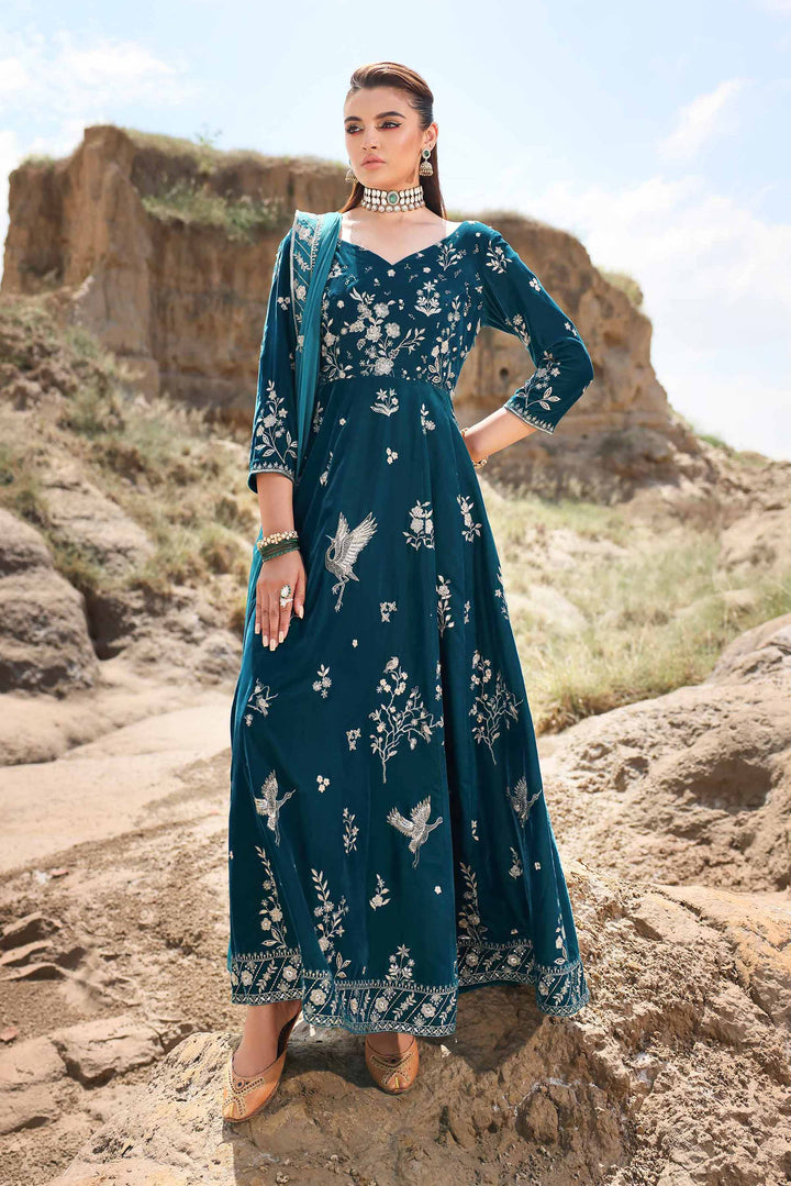 2 Piece Bemberg Chiffon & Velvet Embroidered Sea Green Suit