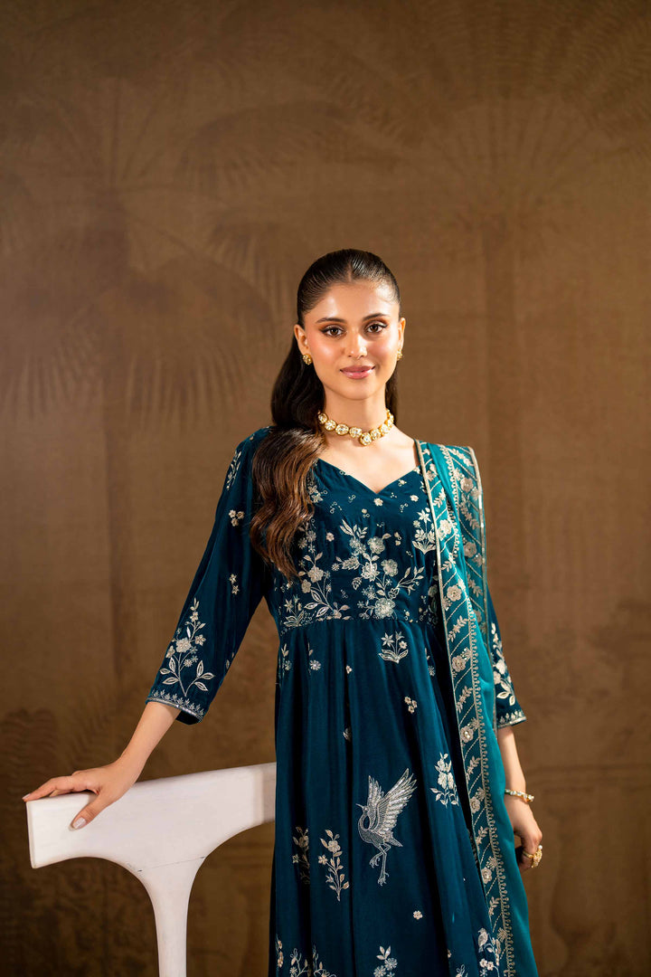 2 Piece Bemberg Chiffon & Velvet Embroidered Sea Green Suit