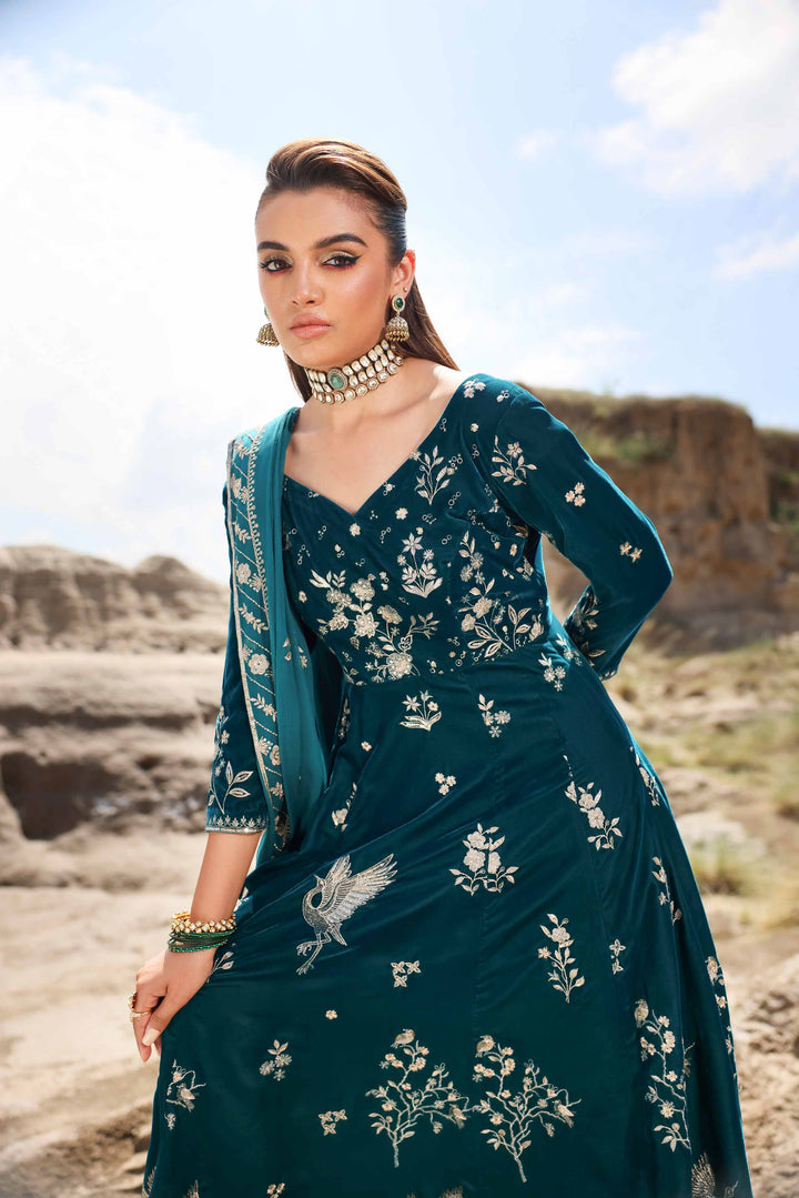 2 Piece Bemberg Chiffon & Velvet Embroidered Sea Green Suit