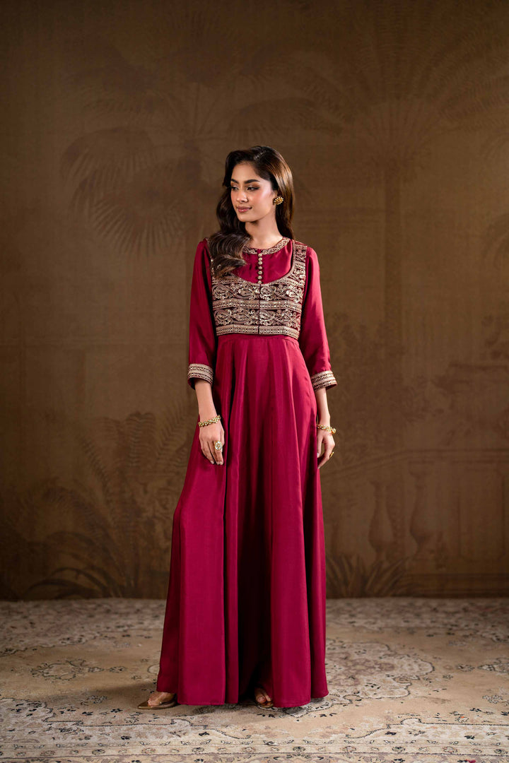 2 Piece Silk & Velvet Embroidered Maroon Winter Suit