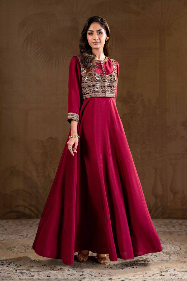 2 Piece Silk & Velvet Embroidered Maroon Winter Suit