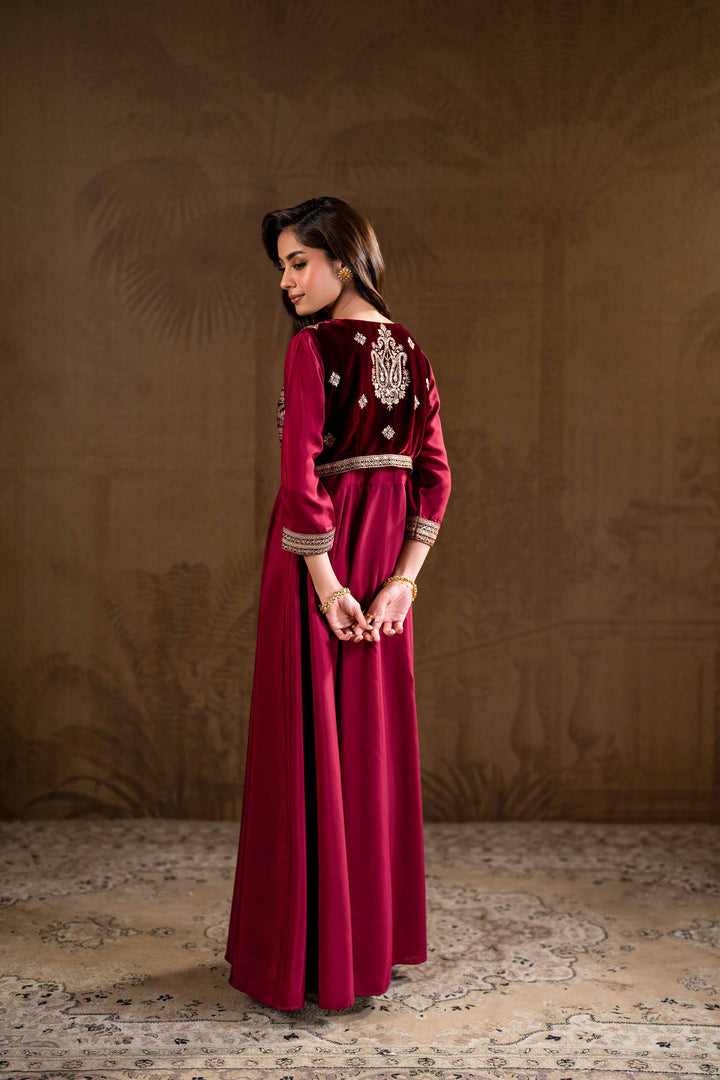 2 Piece Silk & Velvet Embroidered Maroon Winter Suit