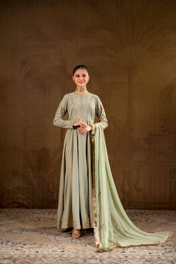 2 Piece Grey Bemberg Chiffon & Velvet Embroidered Suit