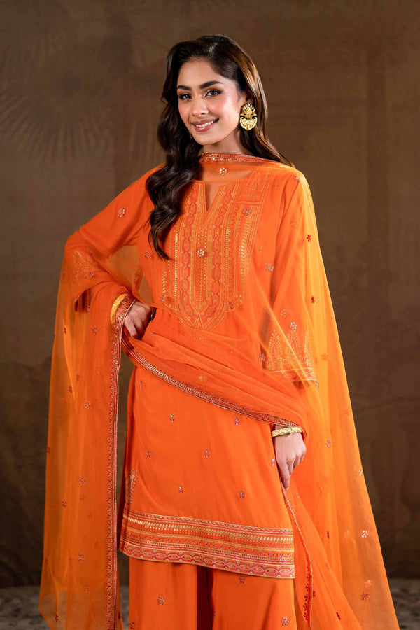 3 Piece Net & Velvet Orange Embroidered Suit