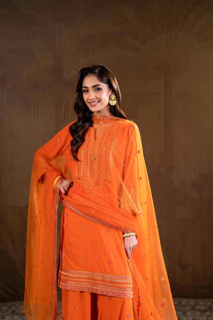 3 Piece Net & Velvet Orange Embroidered Suit