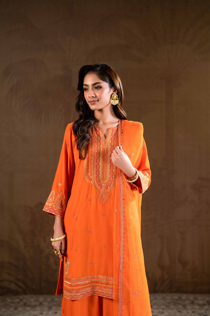 3 Piece Net & Velvet Orange Embroidered Suit