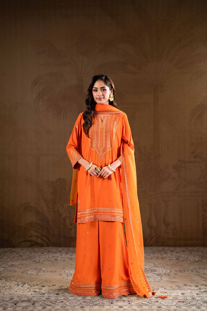 3 Piece Net & Velvet Orange Embroidered Suit