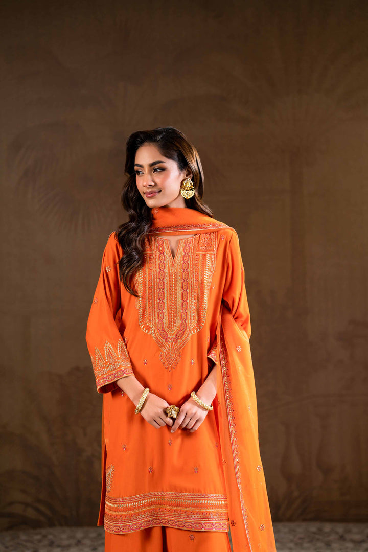 3 Piece Net & Velvet Orange Embroidered Suit