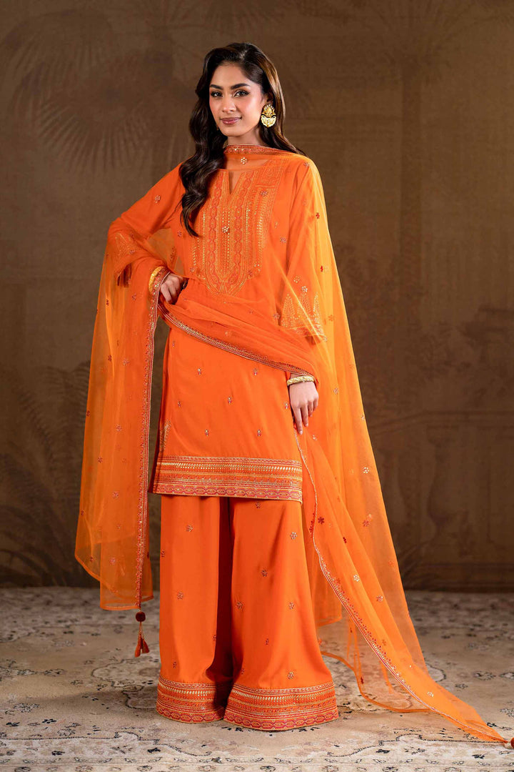 3 Piece Net & Velvet Orange Embroidered Suit