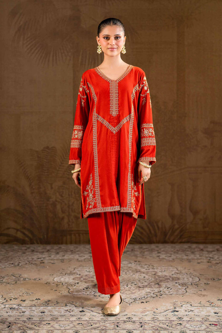 2 Piece Orange Velvet Embroidered Suit