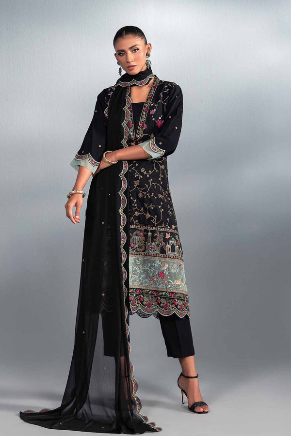 3 Piece Black Bemberg Chiffon & Silk Embroidered Suit