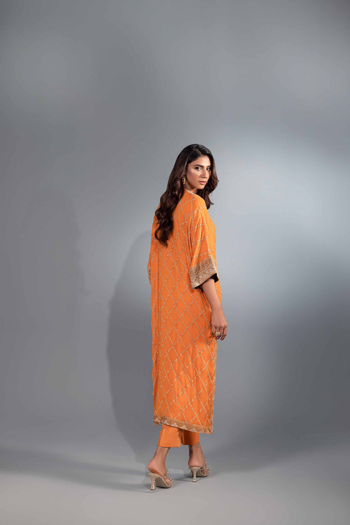 2 Piece Orange Chiffon & Silk Embroidered Suit