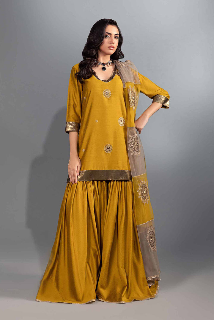 3 Piece Matka Silk & Net Mustard Embroidered Suit