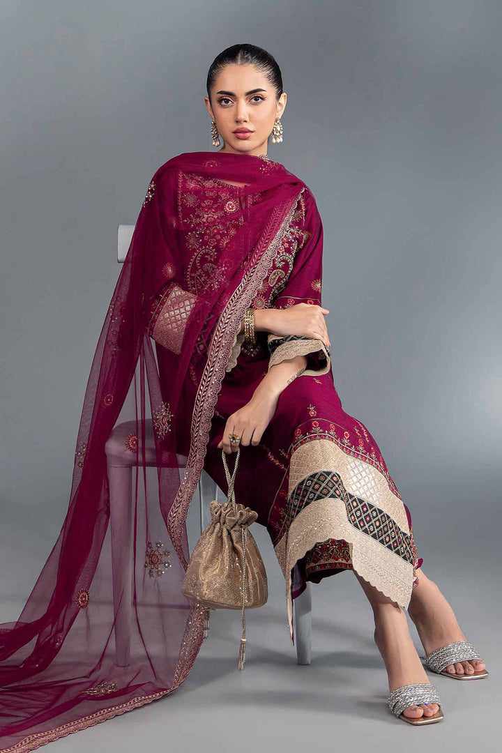 3 Garnet Net Silk & Lakhani Chiffon Embroidered Suit