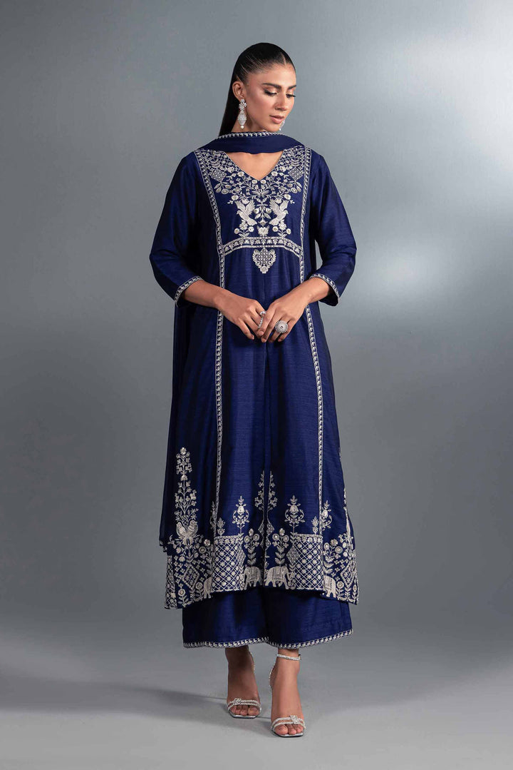 3 Piece Blue Silk & Lakhani Chiffon Embroidered Suit