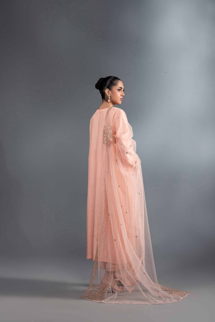 3 Piece Salmon Silk & Net Embroidered Suit